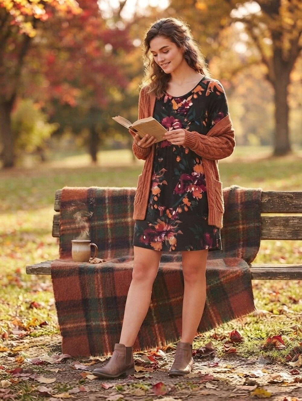 Black Floral Long-Sleeve Swing Dress